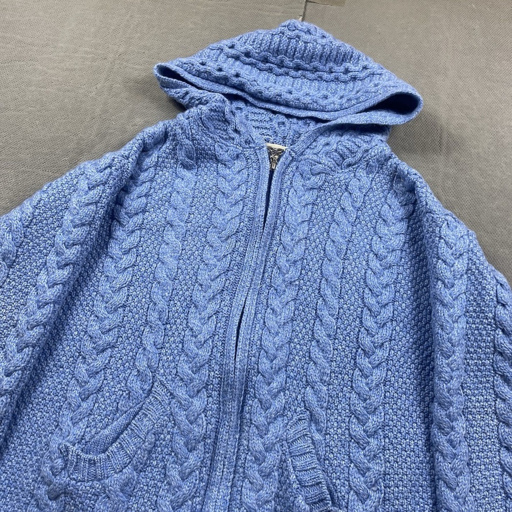 Aran Sweater Market Sweater Womens XXL Blue Cable Knit Full Zip Hooded 100% Wool - Picture 3 of 9